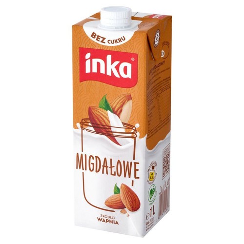 Inka Migdałowe Bez Cukru, napój roślinny w kartonie 1 litr. Na opakowaniu dominuje brązowy kolor u góry i biały na dole. Centralnie umieszczona grafika migdałów i białego płynu. Etykieta informuje, że to 'Źródło Wapnia'.