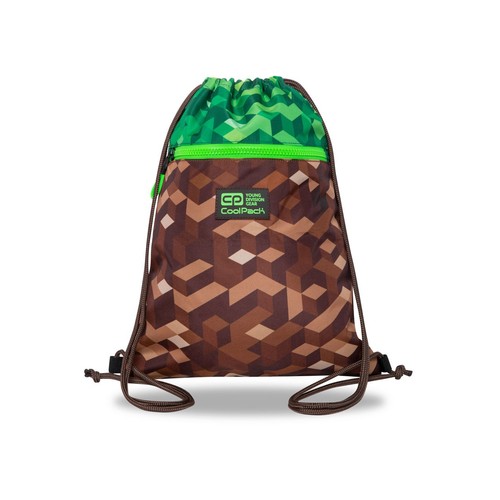 Worek-plecak CoolPack z pikselowym wzorem. Górna część zielona, dolna brązowa, imitująca bloki z gry. Brązowe sznurki.