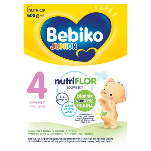 Opakowanie Bebiko Junior 4, 600g. Mleko modyfikowane z ALA, błonnikiem, wapniem, żelazem, witaminą D. Dla dzieci od 2 lat.
