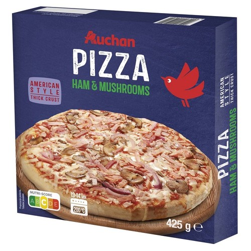 Pizza grube ciasto szynka i pieczarki Auchan 425 g 