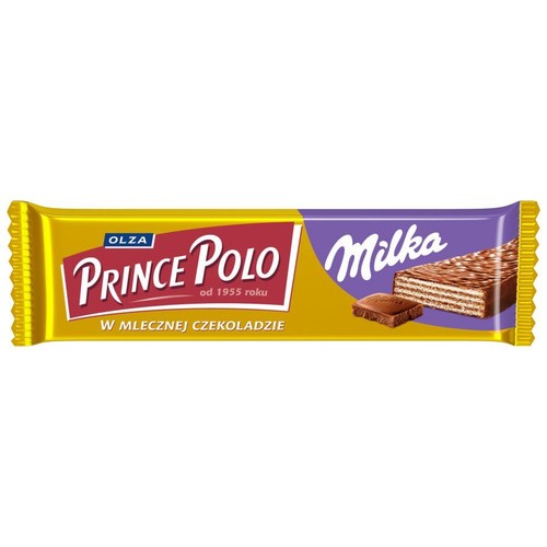 Baton waflowy Prince Polo Milka w mlecznej czekoladzie, w podłużnym, żółto-fioletowym opakowaniu. Na opakowaniu widnieje logo "OLZA" i "Prince Polo od 1955 roku" oraz grafika przedstawiająca przekrój wafla i kawałek czekolady.