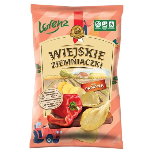 Chipsy Lorenz Wiejskie Ziemniaczki, smak papryka. Opakowanie z grafiką chipsów, papryki i pola uprawnego.