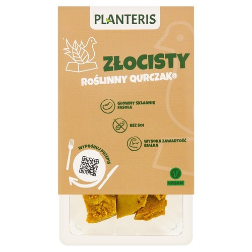 Opakowanie produktu Planteris Roślinny Qurczak Złocisty 180g. Brązowe z grafiką ptaka, widoczne żółte kawałki produktu.