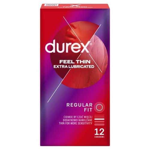 Opakowanie 12 prezerwatyw Durex Feel Thin Extra Lubricated. Cienkie, dodatkowo nawilżane, dla większej czułości.