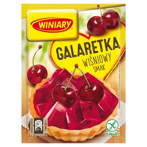 Opakowanie galaretki Winiary o smaku wiśniowym. Na froncie znajduje się ilustracja tarty z czerwoną galaretką i kilkoma wiśniami. Etykieta informuje, że jest to jedynie propozycja podania, a produkt nie zawiera owoców.