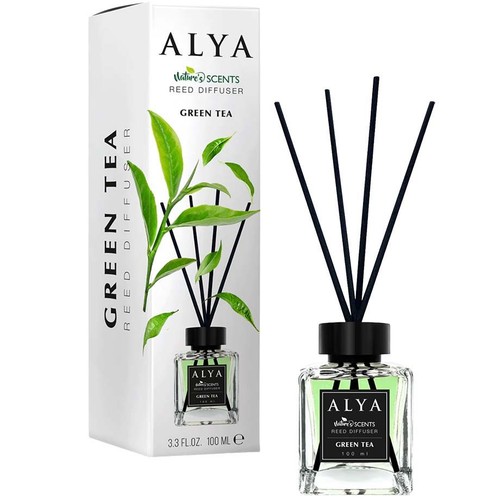 ALYA Nature's Scents dyfuzor z patyczkami o zapachu zielonej herbaty, 100 ml. Butelka i pudełko z logo.