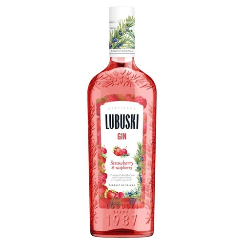 Butelka ginu Lubuski o smaku truskawki i maliny, z białą etykietą. Na etykiecie widoczne są świeże truskawki, maliny oraz gałązki jałowca. Na butelce wytłoczone są dekoracyjne wzory roślinne. Produkt z Polski, od 1987 roku.