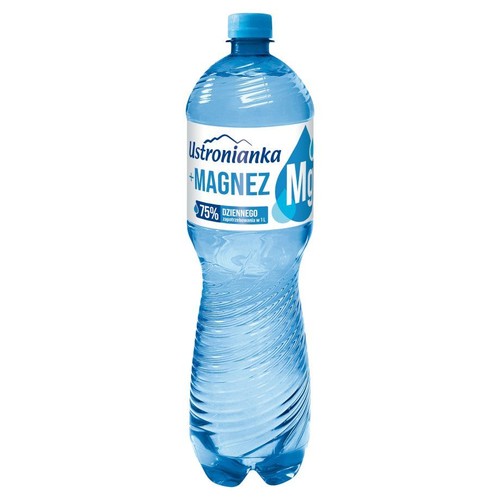 Przezroczysta, plastikowa butelka wody Ustronianka + Magnez o pojemności 1 litra, z niebieską nakrętką. Na białej etykiecie z niebieskimi elementami widnieje napis "Ustronianka + Magnez" oraz informacja o 75% dziennego zapotrzebowania na magnez w 1L.