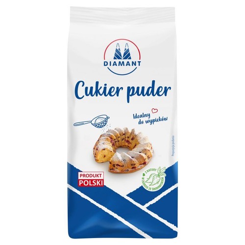 Opakowanie cukru pudru Diamant z grafiką babki posypanej cukrem i sitkiem. Idealny do wypieków. Produkt Polski.