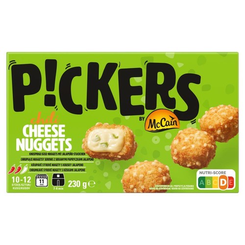 Pickers Chili Cheese Nuggets, 230g. Na zielonym tle cztery złociste nuggetsy, jeden przekrojony z widocznym serem i jalapeño.