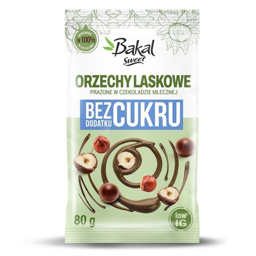 Opakowanie Bakal Sweet z orzechami laskowymi w mlecznej czekoladzie, bez dodatku cukru. Waga 80g. Z niskim indeksem glikemicznym.