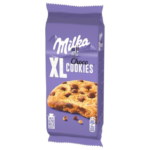 Opakowanie Milka Choco Cookies XL z grafiką dużego, nadgryzionego ciastka z kawałkami czekolady.
