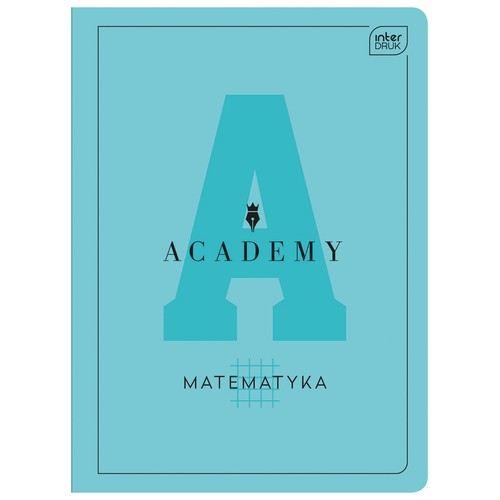 Okładka zeszytu Interdruk Academy do matematyki, jasnoniebieska z dużą literą A i napisem.
