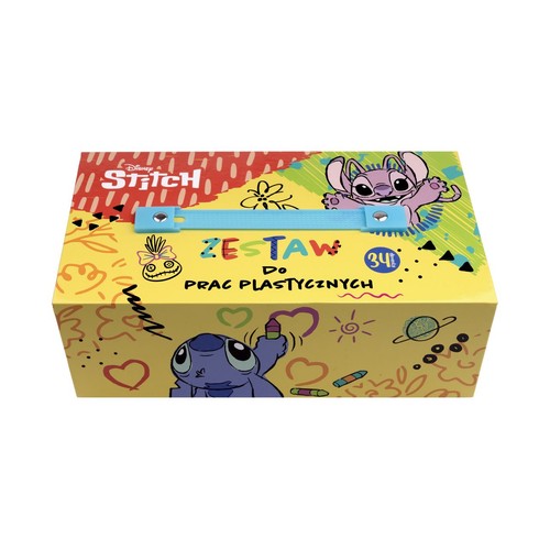 Żółte pudełko z zestawem do prac plastycznych Disney Stitch, zawierające 34 elementy. Na wieczku grafiki postaci Stitcha i Angel, a także napis "Zestaw do prac plastycznych". Pudełko ma niebieski, plastikowy uchwyt.