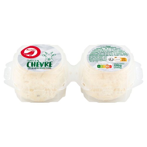 Opakowanie z dwoma okrągłymi serkami kozimi Auchan Crottins de Chèvre, z mleka koziego z Francji. Waga netto 120g.