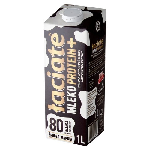 Mleko Łaciate Protein+ 1L. Opakowanie czarno-białe z motywem krów. 80g białka, źródło wapnia.