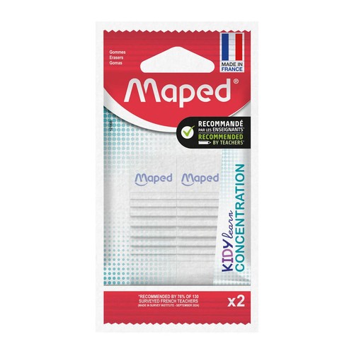 Dwie białe gumki Maped Kidy'learn Concentration w przezroczystym opakowaniu z czerwono-białą etykietą. Produkt jest rekomendowany przez 76% ankietowanych francuskich nauczycieli.
