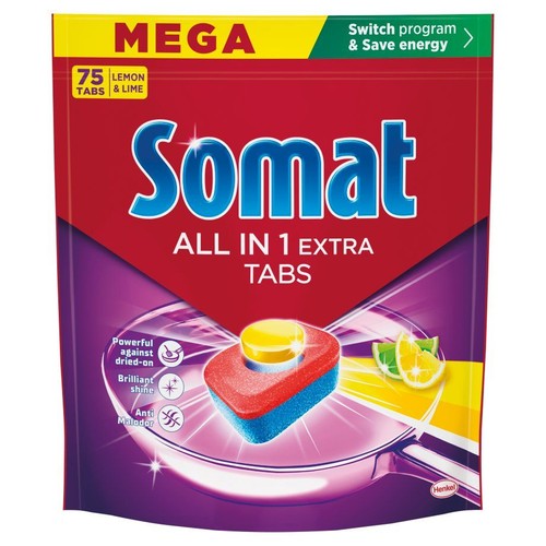 Opakowanie Somat All in 1 Extra Tabs, 75 tabletek do zmywarki o zapachu cytryny i limonki.