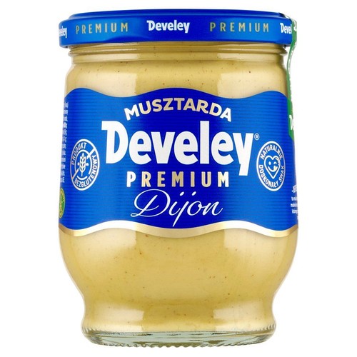Musztarda Develey Premium Dijon w słoiku. Na niebieskiej etykiecie informacja o naturalnym smaku.