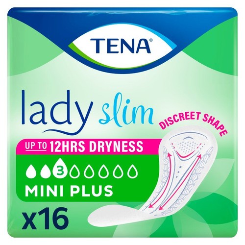 TENA Lady Slim Mini Plus, opakowanie 16 sztuk. Zapewnia do 12 godzin suchości.