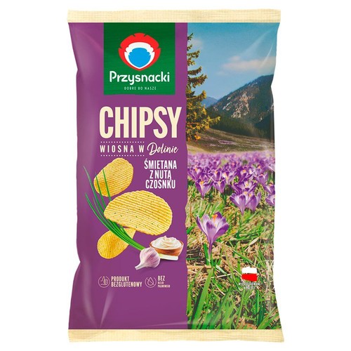 Fioletowa paczka chipsów Przysnacki, smak śmietana z czosnkiem. Produkt bezglutenowy, bez oleju palmowego.