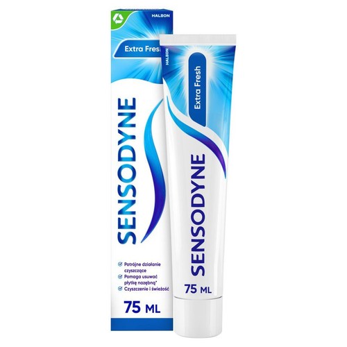 Tubka pasty Sensodyne Extra Fresh 75 ml obok jej opakowania. Produkt do higieny jamy ustnej.