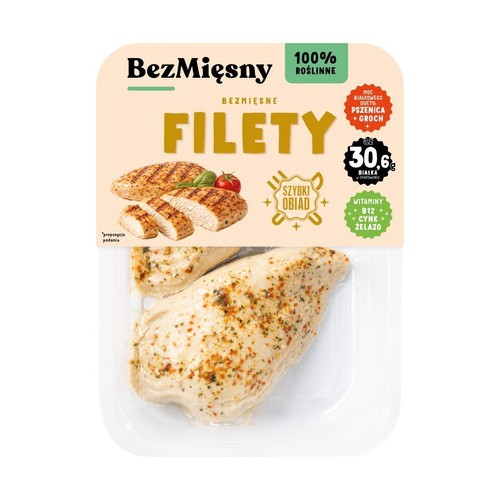 Produkt BezMięsny Filety w przezroczystym opakowaniu. Na etykiecie nazwa, informacja "100% roślinne" i zdjęcie sugerujące podanie.