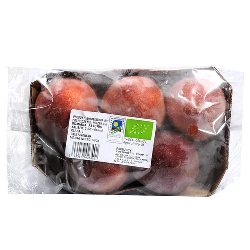 Sześć ekologicznych brzoskwiń odmiany Astoria z Hiszpanii, zapakowanych w przezroczystą tackę. Masa netto 500g.