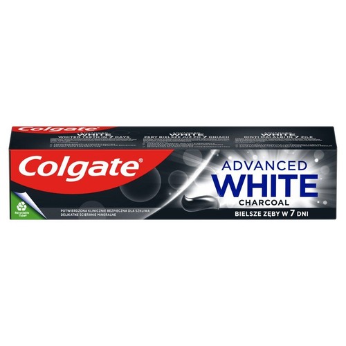 Czarna tubka pasty Colgate Advanced White Charcoal. Wybiela zęby w 7 dni. Potwierdzona klinicznie formuła bezpieczna dla szkliwa.