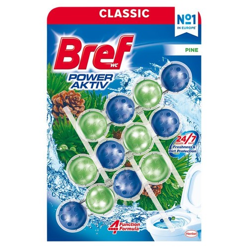 Opakowanie Bref WC Power Aktiv Classic o zapachu sosnowym. Zawiera 12 kulek żelowych, niebieskich i zielonych.