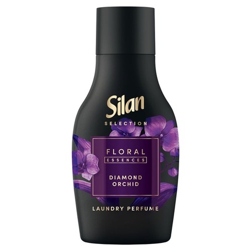 Czarna butelka perfum do prania Silan Selection Floral Essences Diamond Orchid z grafiką fioletowych orchidei.