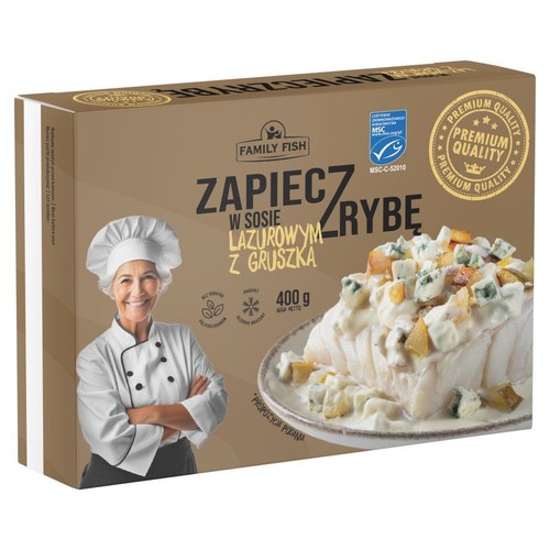 Opakowanie Family Fish Zapiecz Rybę w sosie lazurym z gruszką, 400g. Z certyfikatem MSC. Na opakowaniu uśmiechnięta kucharka i danie.