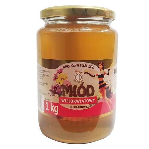 Słoik miodu wielokwiatowego nektarowego "Królowa Pszczół" o wadze 1 kg. Na etykiecie grafika kobiety-pszczoły i kwiatów.