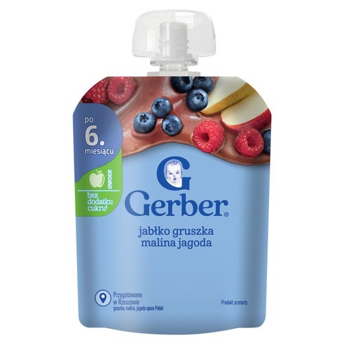 Gerber puree owocowe jabłko, gruszka, malina, jagoda w saszetce. Dla dzieci po 6. miesiącu, bez dodatku cukru.