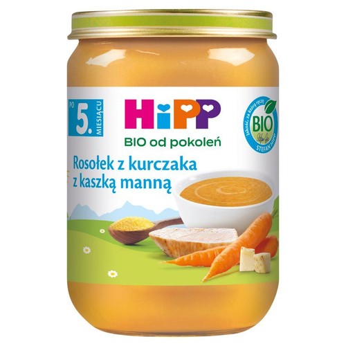 HiPP Rosołek z kurczaka z kaszką manną w słoiczku. Produkt BIO dla niemowląt od 5. miesiąca życia. Na etykiecie składniki.