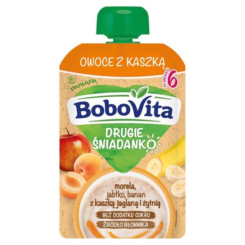 Saszetka BoboVita Drugie Śniadanko. Owoce: morela, jabłko, banan z kaszką. Bez cukru, źródło błonnika. Dla dzieci po 6 miesiącu.