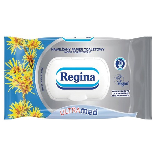 Opakowanie nawilżanego papieru toaletowego Regina Ultramed. Szare z niebieskim i żółtym wzorem. Posiada białe wieczko.
