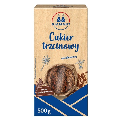 Opakowanie cukru trzcinowego nierafinowanego Diamant Dark Muscovado, 500g. Na pudełku ilustracja ciemnego cukru w worku.