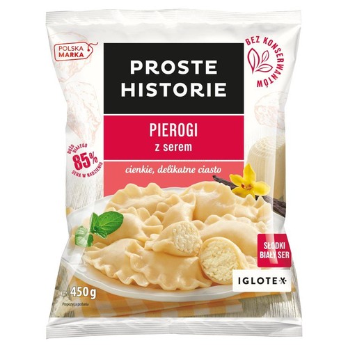Opakowanie pierogów z serem Proste Historie, 450g. Na opakowaniu grafika ugotowanych pierogów z białym serem. Polska Marka, bez konserwantów.