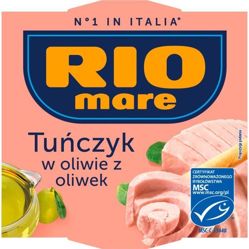 Tuńczyk Rio Mare w oliwie z oliwek. Na opakowaniu napis "Numer 1 we Włoszech". Widoczne kawałki tuńczyka i oliwa.