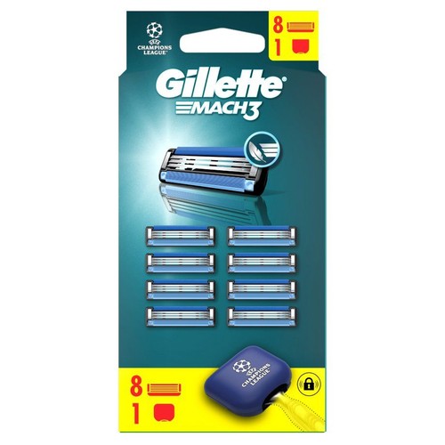 Opakowanie 8 wymiennych ostrzy Gillette EMach3. Na opakowaniu logo Ligi Mistrzów i grafika ostrza.