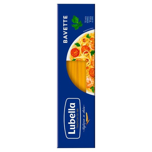 Niebieskie opakowanie makaronu Lubella Bavette. Na opakowaniu grafika dania z makaronem, krewetkami i pomidorami.