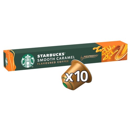 Kapsułki kawy Starbucks o smaku gładkiego karmelu, 10 sztuk, kompatybilne z Nespresso. Ciemnozielone opakowanie.