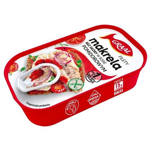 Graal Filety z makreli bez skóry w sosie pomidorowym. Czerwono-białe opakowanie z grafiką kanapki z rybą i warzywami.