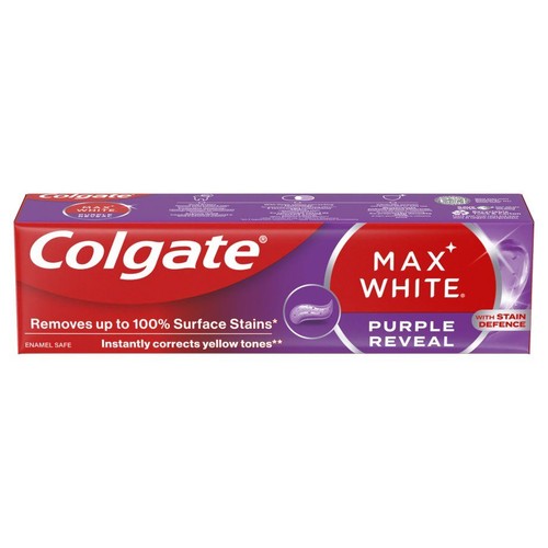 Pudełko pasty Colgate Max White Purple Reveal. Bezpieczna dla szkliwa, usuwa przebarwienia powierzchniowe.