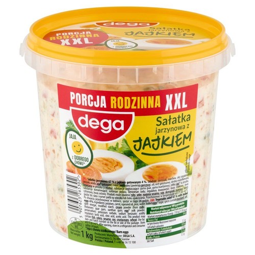 Dega Sałatka jarzynowa z jajkiem, Porcja Rodzinna XXL, 1 kg. W plastikowym wiaderku z żółtą pokrywką.
