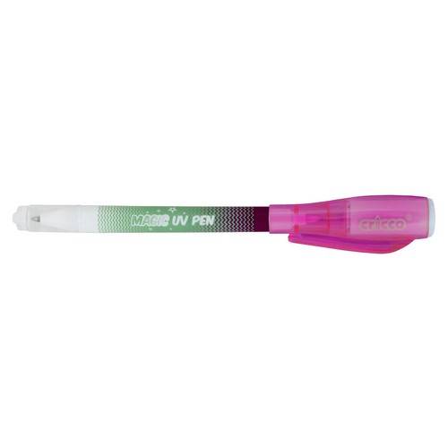 Różowy długopis UV Magic UV Pen Cricco z zieloną etykietą i przezroczystą skuwką.