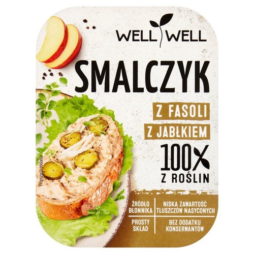 Opakowanie Well Well Smalczyk z fasoli z jabłkiem, 100% z roślin. Na etykiecie grafika kanapki z pastą.