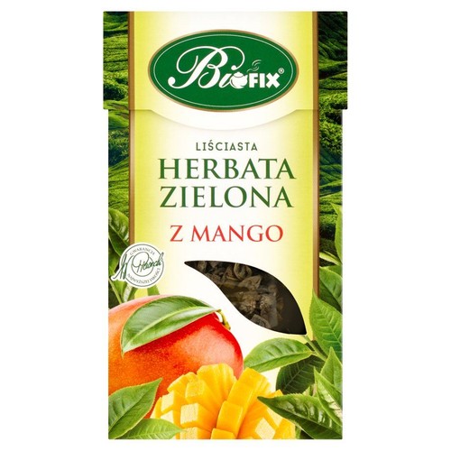 Kartonowe opakowanie herbaty Biofix Zielona z Mango. Z przodu grafika mango i liści herbaty.