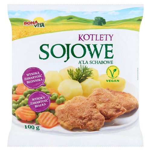 Bona Vita Kotlety Sojowe a'la Schabowe, 100g. Wegańskie kotlety z wysoką zawartością błonnika i białka. Na zdjęciu kotlety z ziemniakami i warzywami.